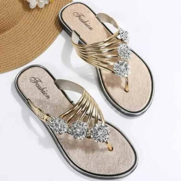 Women Gold Rhinestone Sandals - Picture 3 of 5